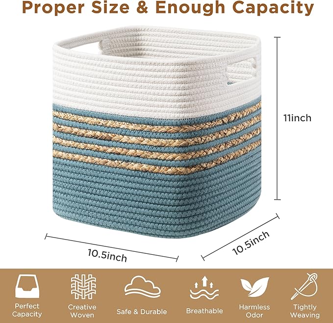 UBBCARE Set of 4 Storage Cubes 11 X 10.5 X 10.5 in, Water Hyacinth Storage Bins for Shelves, Toys, Book, Storage Baskets with Handles, Cotton Rope Woven Baskets for Organizing, Light Blue