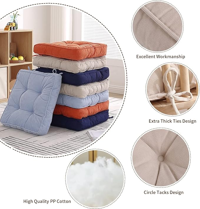 Tiita Patio Chair Pads Cushions 18x18 Inch Square Floor Pillows Pad for Outdoor Kitchen Dining Chairs with Ties Set of 2 (Beige, 2 Count (Pack of 1))