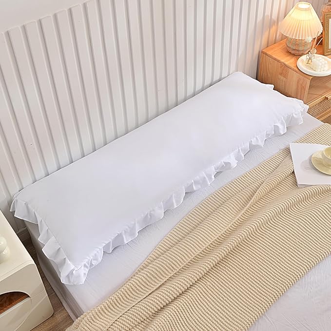 Nanko Body Pillow Case Cover 1 Pack 20x54, White Ruffled Boho Soft Shabby Chic Microfiber Extra Long Decorative Pillow Covers/Pillow Shams, Comfortable Body Pillowcase for Women Men