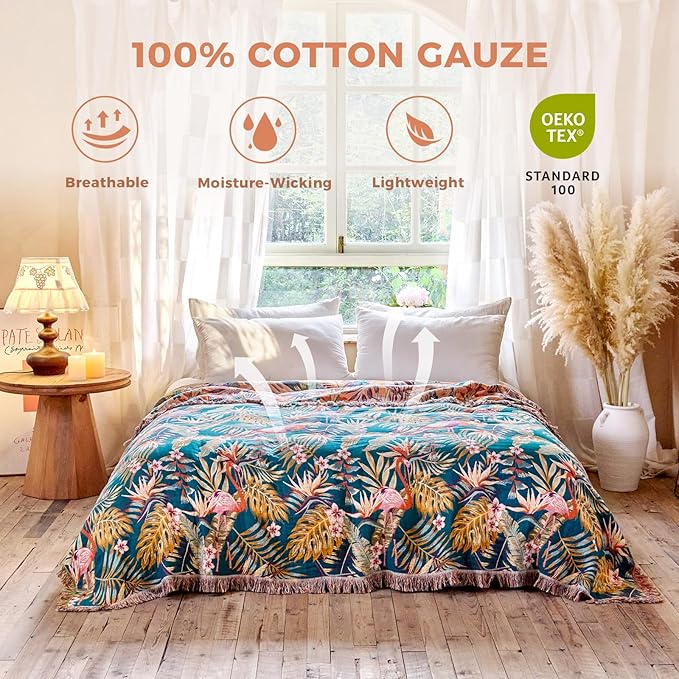 Boho Throw Blanket for Bed Cotton Spring Blankets Bedroom Living Room Twin All Season Lightweight Forest Embroidery Quilt for Couch Sofa Chair 60"x80"