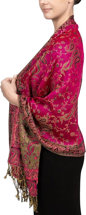 Achillea Reversible Paisley Pashmina Rave Scarf – Exotic Indian Shawls and Wraps for Evening Dresses, Festivals, All Seasons