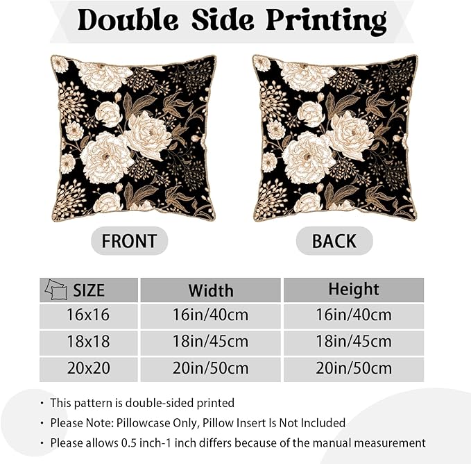 KSLIDS Vintage Peony Roses Floral Soft Velvet Throw Pillow Covers Set of 2 White Roses Flower Bloom Leaves Decorative Pillow Covers 16x16 Inch Black Gold Cream Pillow Case for Sofa Couch Home Decor