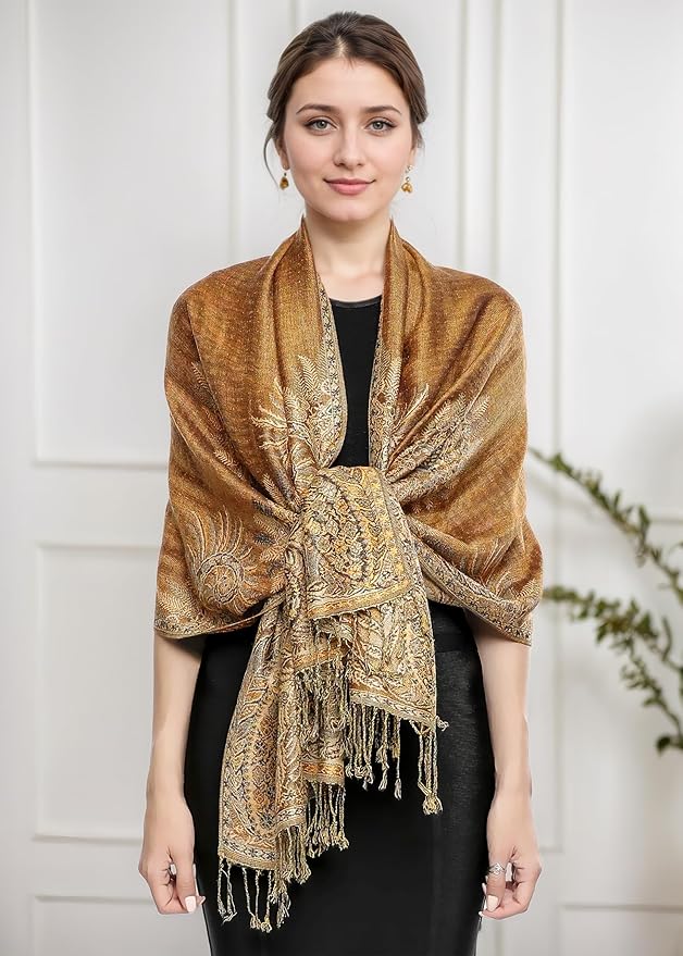 Achillea Reversible Paisley Pashmina Rave Scarf – Exotic Indian Shawls and Wraps for Evening Dresses, Festivals, All Seasons