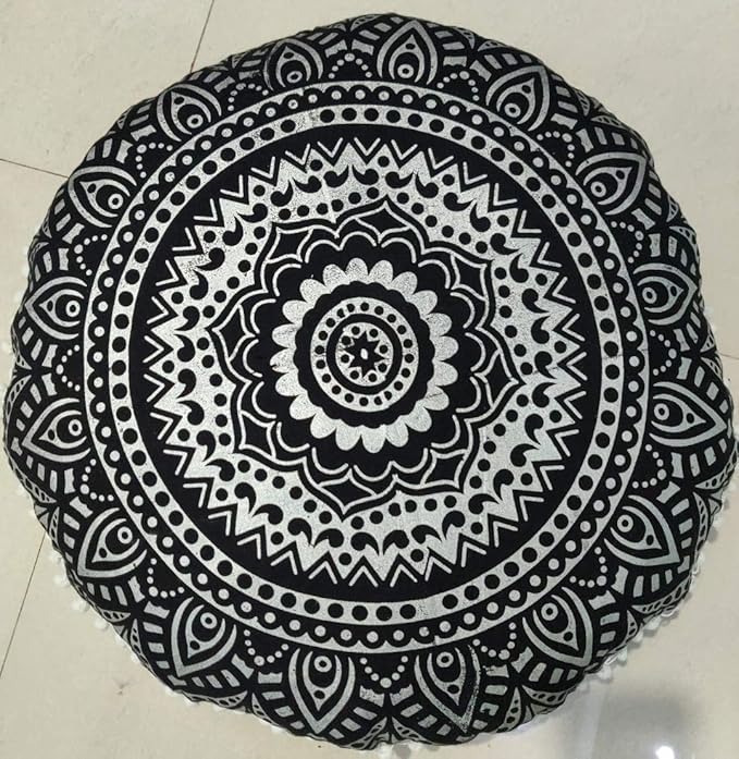 INDIAN CRAFT CASTLE 24" Black Silver Mandala Barmeri Large Floor Pillow Cover Cushion Meditation Seating Ottoman Throw Cover Hippie Decorative Zipped Bohemian Pouf Ottoman Pom Pom Cases 24" Round