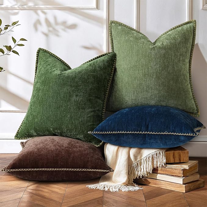 decorUhome Chenille Soft Cozy Throw Pillow Covers 26x26 Set of 2, Modern Farmhouse Boho Velvet Decorative Euro Sham Pillow Cases with Stitched Edge for Couch Sofa Bed Home Decor, Chocolate