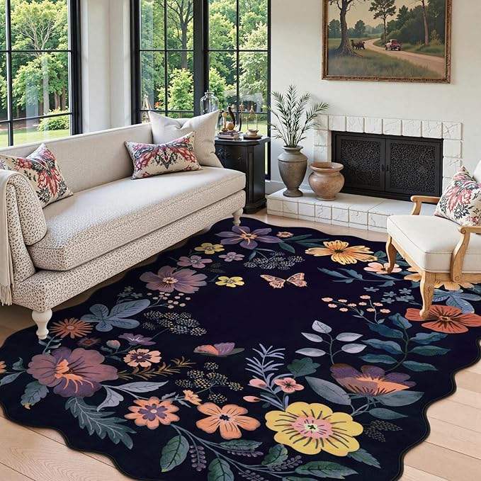 Lahome Floral Washable Rugs for Living Room, 5x7 Area Rugs Ultra-Thin Soft Rug, Non-Slip Bedroom Rug Stain Resistant Boho Low-Pile Throw Carpet for ‎Dining Room Office Flore (5x7ft,Purple)