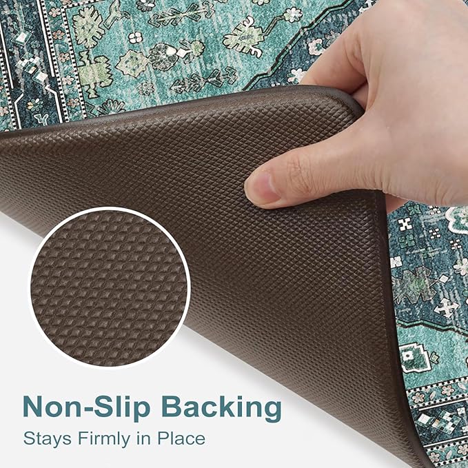 Collive Boho Kitchen Mats for Floor 2 Piece, Cushioned Anti Fatigue Kitchen Floor Mat Non-Skid Waterproof Under Sink Rug, Teal/Multi Comfort Standing Desk Rugs for Office, 17.3"x29"+17.3"x47"