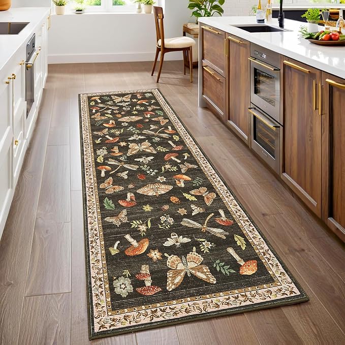 2.5x10 Runner Rug for Hallway Washable Kitchen Rugs Non Slip with Rubber Back Mushroom Soft Low-Pile Stain Resistant Foldable Indoor Carpet for Entryway Laundry Room Floor Mats Brown