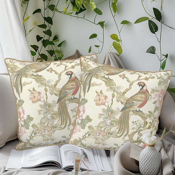 Vintage Cream Chinoiseriel Soft Velvet Throw Pillow Covers Set of 2 Bird Floral Flowers Leaves Decorative Pillow Covers 18x18 Inch Rustic Farmhouse Pillow Case For Sofa Couch Living Room Home Decor