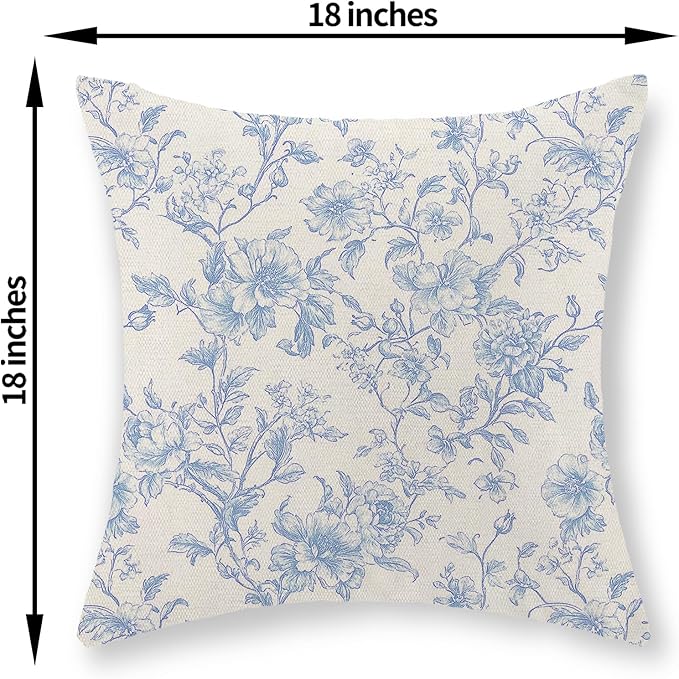 Baby Blue Pillow Covers 18x18 Set of 2 Blue and Cream Floral Chinoiserie Throw Pillows Vintage Rustic Toile Flower Decorative Pillowcase Outdoor Chinoiserie Decor Cushion Case for Couch Sofa