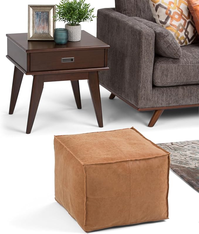 SIMPLIHOME Brody Square Pouf - 18 inch Wide Upholstered Vegan Leather Ottoman in Distressed Brown, Boho Footstool, Coffee Table or Extra Seating for Living Room or Bedroom, Assembled