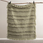 Ultra Soft Pre-Washed Quilted Boho Sage Green Twin Size Blankets for Bed, Olive Green Ruffle Fringed Decorative Throw, Stone Washed Chic Rustic Blanket for Sofa Couch Bed, 60"*80"