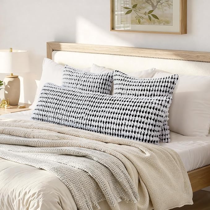 Boho Chenille Tufted Pillow Cover 14x36 Inch Set of 1, Farmhouse Striped Decorative Pillow Covers Accent Fluffy Neutral Long Body Bolster Pillow for Couch Sofa Bedroom Living Room, Black White