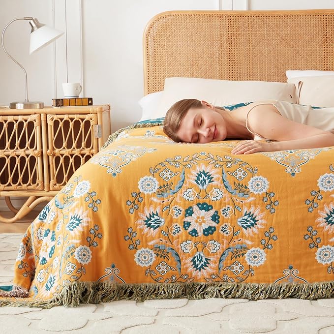 Boho Throw Blanket for Bed 100% Cotton Soft Lightweight Quilt Floral Embroidery Home Decor Spring Breathable Bed Blanket,80"x90" All Season Reversible Yellow Blankets for Sofa Couch Chair