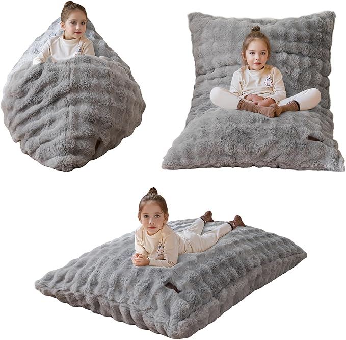 MAXYOYO 3 in 1 Kids Bean Bag Chair Bed, Child Floor Sofa for Gaming, Reading, Convertible Bean Bag Floor Cushion with Machine Washable Cover for Living Room Bedroom, Grey