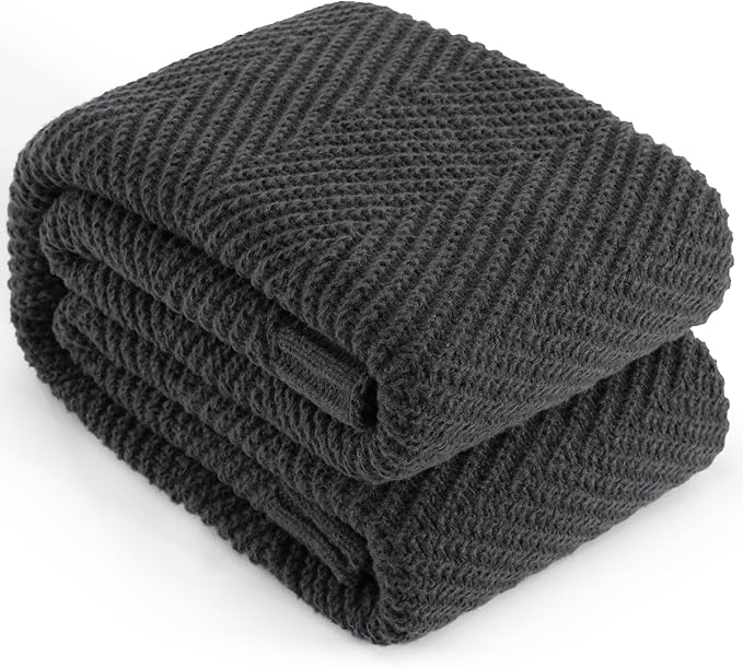 Knitted Throw Blanket 60"X80", Dark Grey Knit Throws for Bed, Super Soft Boho Chevron Blankets for Couch Sofa Chair Room Decor, Textured Decorative Farmhouse Cozy Lightweight