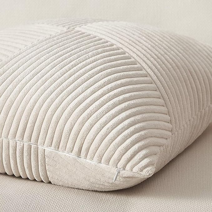 Topfinel 24x24 inches Pillow Covers Set of 2 Cream White Corduroy Decorative Throw Pillow Covers for Sofa Couch Bed, Windmill Textured Striped Patchwork Couch Spring Pillow Case 60x60 cm