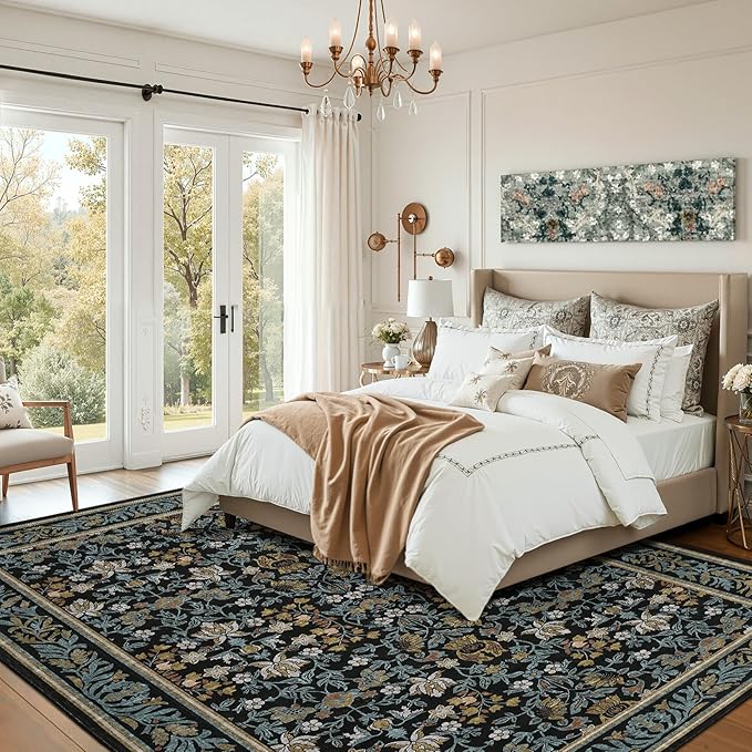 GarveeHome 6x9 Area Rugs Washable Rugs for Living Room, Boho Vintage Rug Non Slip Low Pile Stain Resistance Indoor Soft Large Carpet for Bedroom Dining Room Office Blue Black