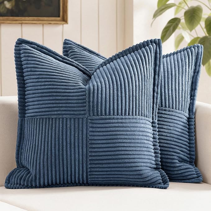 MIULEE Decorative Euro Sham Throw Pillow Covers for Couch Bed Livingroom 22x22 Inch Set of 2 Blue Boho Accent Throw Pllows Broadside Striped Patchwork Soft Corduroy Summer Coastal Pillowcases