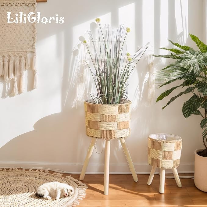 Boho Rattan Plant Stand Set of 3 – Handwoven Wicker Mid-Century Modern Floor Planter Stand for Indoor Plants, Large Farmhouse Decor, Sturdy Wood & Rope Design, Housewarming Gift