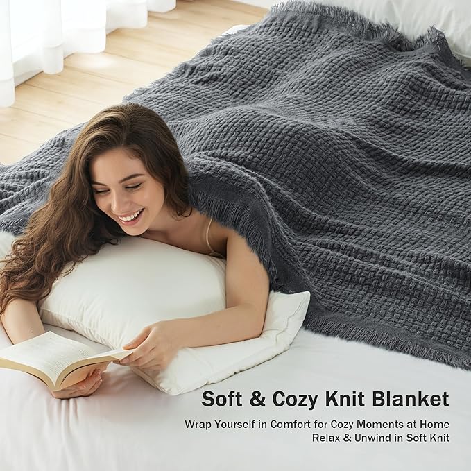 Exclusivo Mezcla Twin Size Knit Blanket with Fringes for Bed, Reversible Super Soft and Warm Woven Boho Throw for All Season, Home Decor, 60"x80", Dark Grey