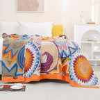 Queen Boho Throw Blanket for Bed 100% Cotton Ultra Soft Rustic Cozy Muslin Quilt Farmhouse Decor Bed Blanket,80"×90" All Season Rustic Throw for Sofa Couch,Colourful Sun
