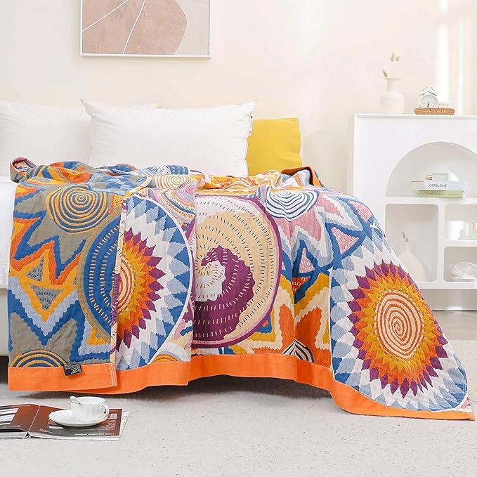Boho Cotton Muslin Twin Size Bed Throws,100% Cotton Rustic 4 Layer Reversible Colorful Woven Blankets, Washable Breathable Mexican Decor Bed Blankets 60"×80" for Couch Sofa All Seasons