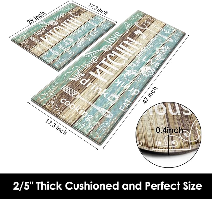 Arttown Farmhouse Teal Anti-Fatigue Kitchen Rug Set of 2 Wood Brown Black Vintage Cushioned Floor Standing Mat Waterproof Non-Slip Kitchen Mat and PVC Ergonomic Comfort Foam Rug