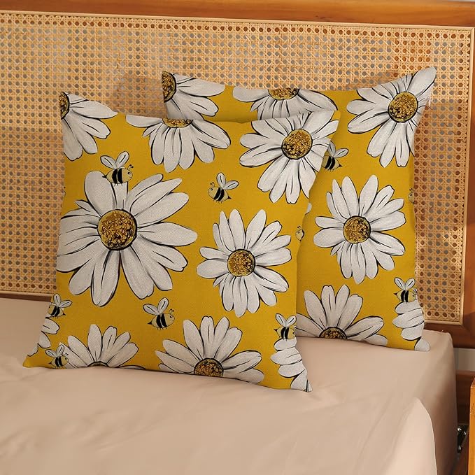 Summer Pillow Covers 18x18 Inch Set of 2 Yellow Daisy Sunflowers Floral Bee Pillow Covers Spring Outdoor Pillow Cases Linen Farmhouse Seasonal Cushion Covers Decor for Living Room Bedroom