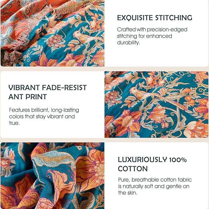 Boho Throw Blanket - 100% Cotton Ultra Soft Muslin Blanket, 60"x80" Lightweight Floral Bird Framhouse Bedding Spring Blanket for Bed, All Season Blue Bohemian Bedroom Home Decor Quilt