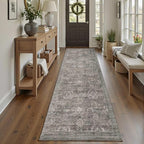 2'6''x8' Runner Rug, Washable Kitchen Rugs, Grey Boho Vintage Floral Hallway Runner, Non Slip Low Pile Area Rug Carpet for Hallway, Kitchen, Laundry Room and Bathroom(Grey/Taupe 2.6x8ft)