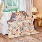 Boho Throw Blanket - 100% Cotton Throw Blankets for Bed Couch, 60"x80" Soft Muslin Lightweight Spring Throw Blanket, Cozy Floral Butterfly Printed Bohemain Bedding Decor Beige Throw Quilt