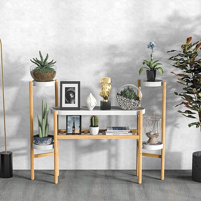 Wisuce Bamboo Plant Shelf Indoor, 3 Tier Tall Corner Plant Shelves Holder & Plant Display Rack for Outdoor Garden Indoor Home