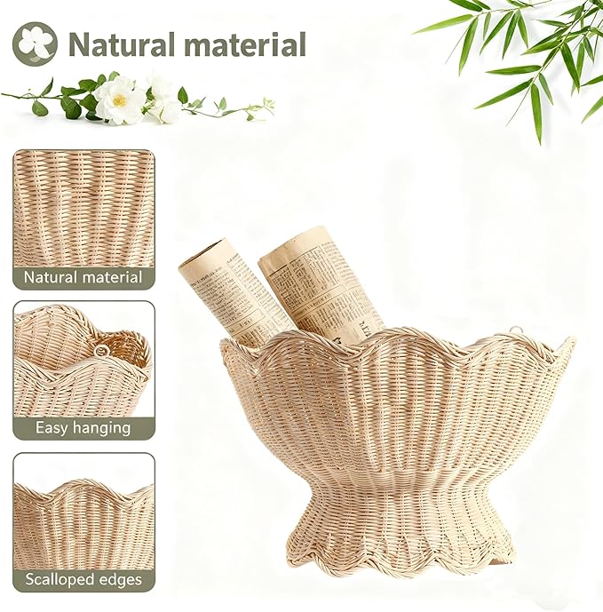 Scalloped Wicker Wall Basket,Scallop Hanging Rattan Basket for Organizing, Woven Plant Wall Decor Art, Wall Mounted Basket, Hanging Storage Basket for Front Door and Home (Natural)