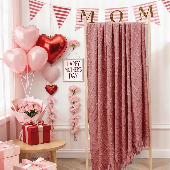 inhand Coral Pink Knitted Throw Blanket for Couch Bed, Mothers Day/Mom Birthday Gifts for Mom from Daughter Son, Soft Lightweight with Tassels, Farmhouse Warm Decorative Blanket for Women, 50"x60"