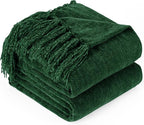 Chenille Throw Blanket for Couch with Tassels,60"X80" Soft Cozy Lightweight Knitted Boho Decorative Blankets for Bed and Sofa,Dark Green