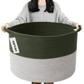90L Large Blanket Basket,21.7"L x 21.7"W x 13.8"H Rope Woven Baskets with Handles, Toys Storage Bins,Laundry Basket Perfect for Living Room, Nursery,Bedroom,Home Organization,Green&White