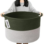 90L Large Blanket Basket,21.7"L x 21.7"W x 13.8"H Rope Woven Baskets with Handles, Toys Storage Bins,Laundry Basket Perfect for Living Room, Nursery,Bedroom,Home Organization,Green&White