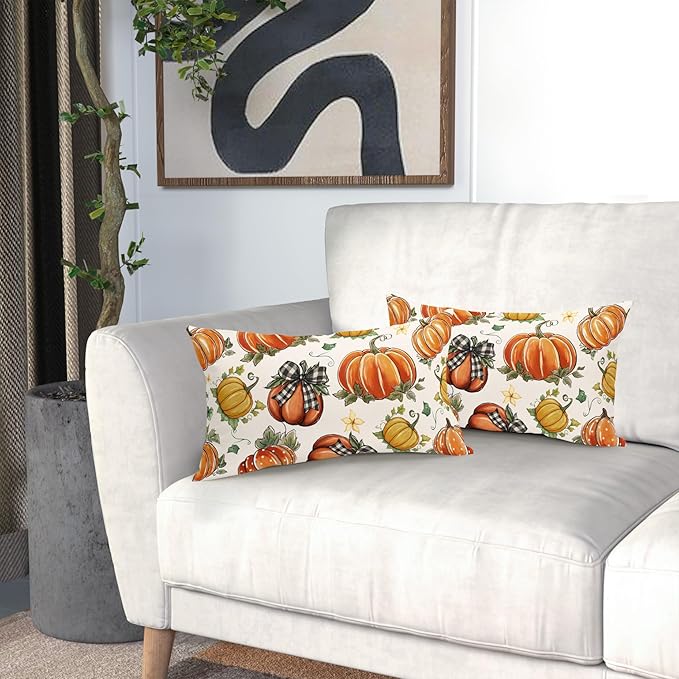 Kawani Fall Lumbar Pillow Covers 12X20 Inch Buffalo Plaid Polka Dot Pumpkins Leaves Decorative Pillow Cases Set of 2 Autumn Harvest Thanksgiving Farmhouse Throw Pillows for Cushion Sofa Couch Outdoor