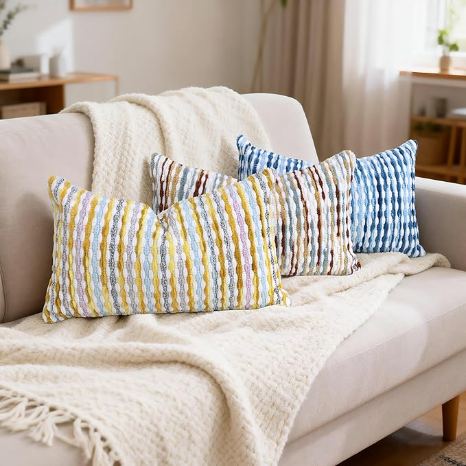 Boho Decorative Throw Pillow Covers 12x20 Inch, Chenille Tufted Pillow Cover Stripe Textured Lumbar Farmhouse Accent Pillowcase for Couch Sofa Bedroom Living Room, Red White Khaki Grey 1 Pack