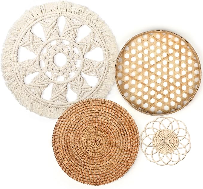 Tatuo Set of 4 Boho Wall Basket Decor Round Rattan Hollow Bamboo Baskets Flower Shape Flat Woven Wall Decor Hanging Basket Set Macrame Tassel Tapestry for Bedroom Living Room