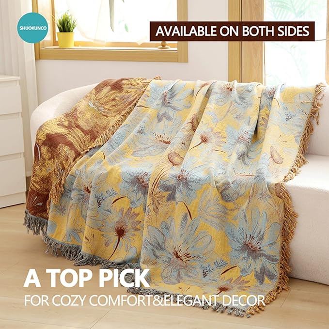 Boho Cotton Throw Blankets for Bed Couch, 100% Soft Cozy Cotton Blanket Rustic Quilt 60"x80", Reversible Muslin Farmhouse Blankets for Armchair,Picnic,Sofa,Couch