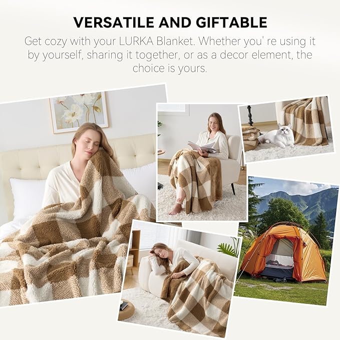 LURKA Checkered Sherpa Fleece Throw Blanket – Soft and Cozy, Medium Weight for All Season, Oversized Plush Throw for Couch, Bed & Pets, Brown, 90x90 Inches