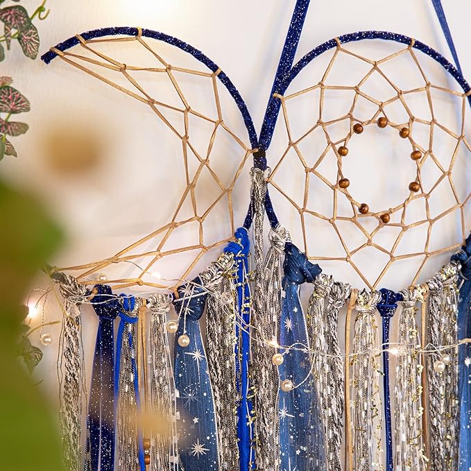 ANROYE Blue Triple Moon Goddess Macrame Wall Hanging, Boho Wiccan Crescent Dream Catcher, Bohemian Dreamcatcher Art for Women, Hippie Woven Pagan Tapestry Decor for Bedroom Decoration