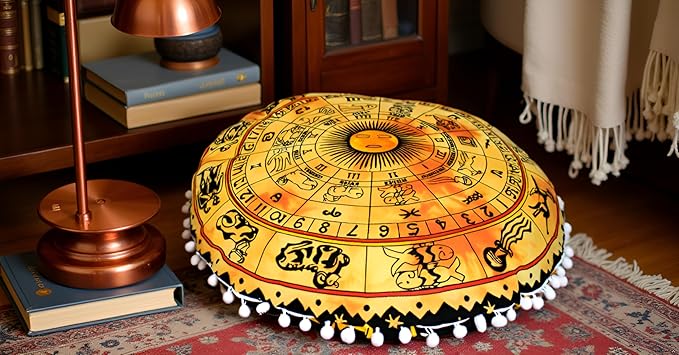 CRAFT KALA Boho Large Floor Pillow Pouf Cover Mandala Meditation Room Pillow Cover for Adults Round Bohemian Seating Pouf Cushion Cover for Kids Playroom 22" Yellow Zodiac