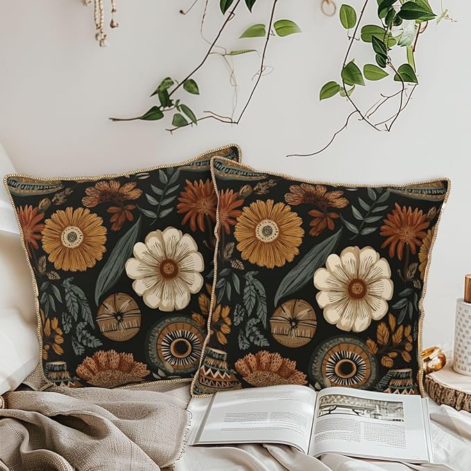 KSLIDS Boho Flower Soft Velvet Throw Pillow Covers Set of 2 Modern Abstract Retro Bohemian Flower Decorative Pillow Covers 18x18 Inch Mid Century Tropical Leaves Pillow Case for Sofa Couch Home Decor