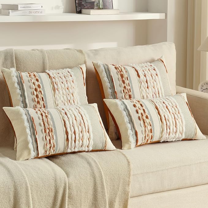 FUTEI Rust Beige Accent Throw Pillow Covers Set of 2, 18x18 Inch Plush Tufted Striped Textured Decorative Cushion Cases for Farmhouse Boho Couch Decor