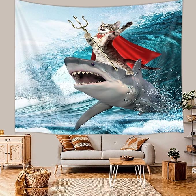 Viajar Cat Riding Shark Tapestry, Japanese Style Wall Art, Bedroom Aesthetic, Funny Cat Tapestry for Kids, 60X40 Inch