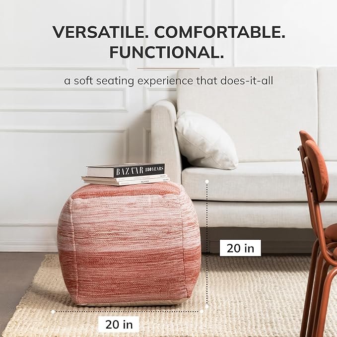 Anji Mountain Pouf Ottoman Foot Rest, Handmade Ottoman Pouf, Comfortable Foot Stool, Decorative Floor Seating for Living Room Decor, Bedroom & Home Décor Accent - Saffron Stripe