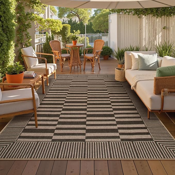 Beevia Striped 8x10 Neutral Jute Rug, Washable Modern Outdoor Rugs for Patio, Farmhouse Decor Non-Slip Large Carpet for Living Room Deck Backyard (Nature, 8x10ft)